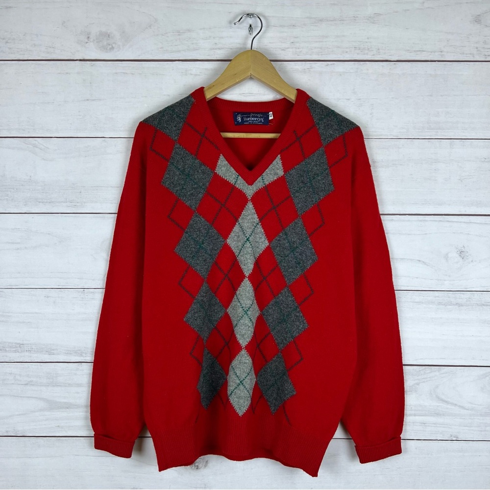 Vintage Burberrys x Pringle Diamond V-Neck Wool Pullover Sweater Size 42 Medium